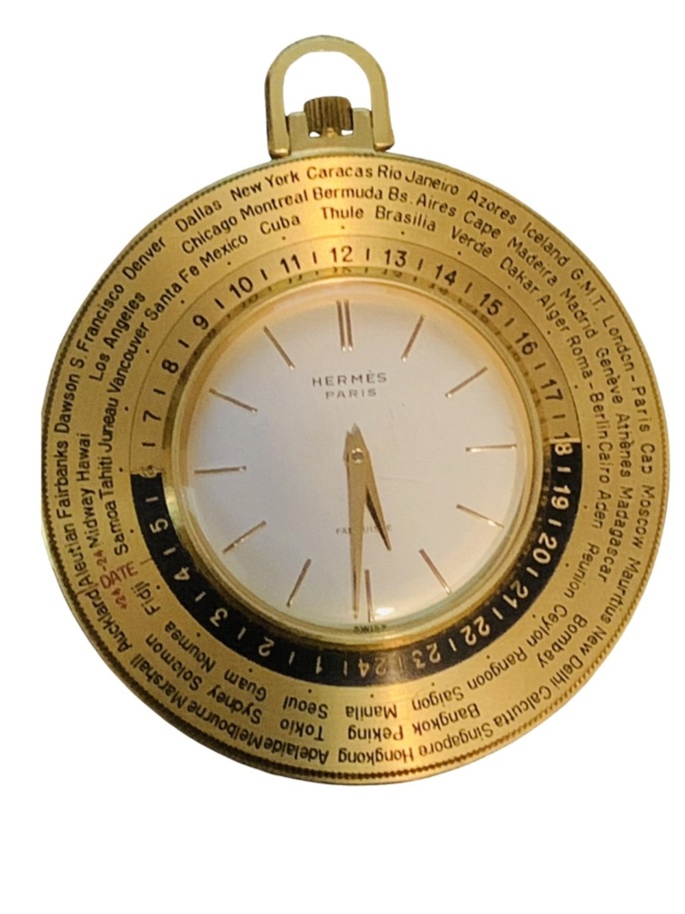 HERMES PARIS WORLD TIME TRAVEL
POCKET WATCH IN EXCELLENT CONDITION WITH BOX.